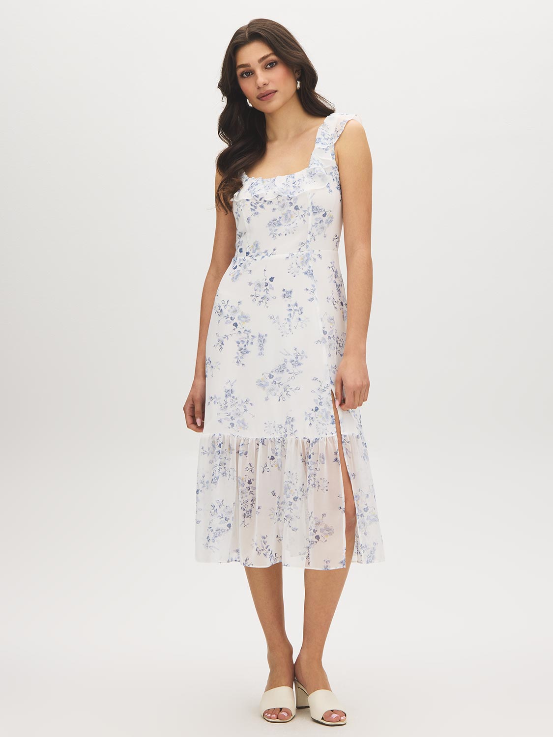 Snow White Floral Chiffon Dress with Ruffled Straps - Woman Wearing Tiered Skirt Dress - Suzy Shier