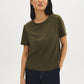 Green faux suede crew neck top with short sleeves by Suzy.