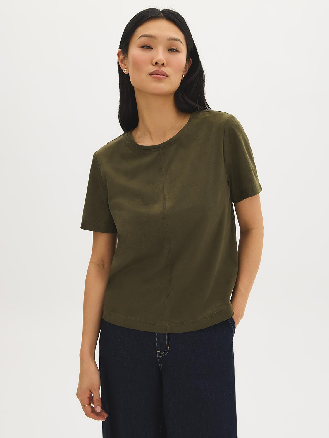 Green faux suede crew neck top with short sleeves by Suzy.