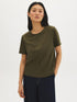 Green faux suede crew neck top with short sleeves by Suzy.