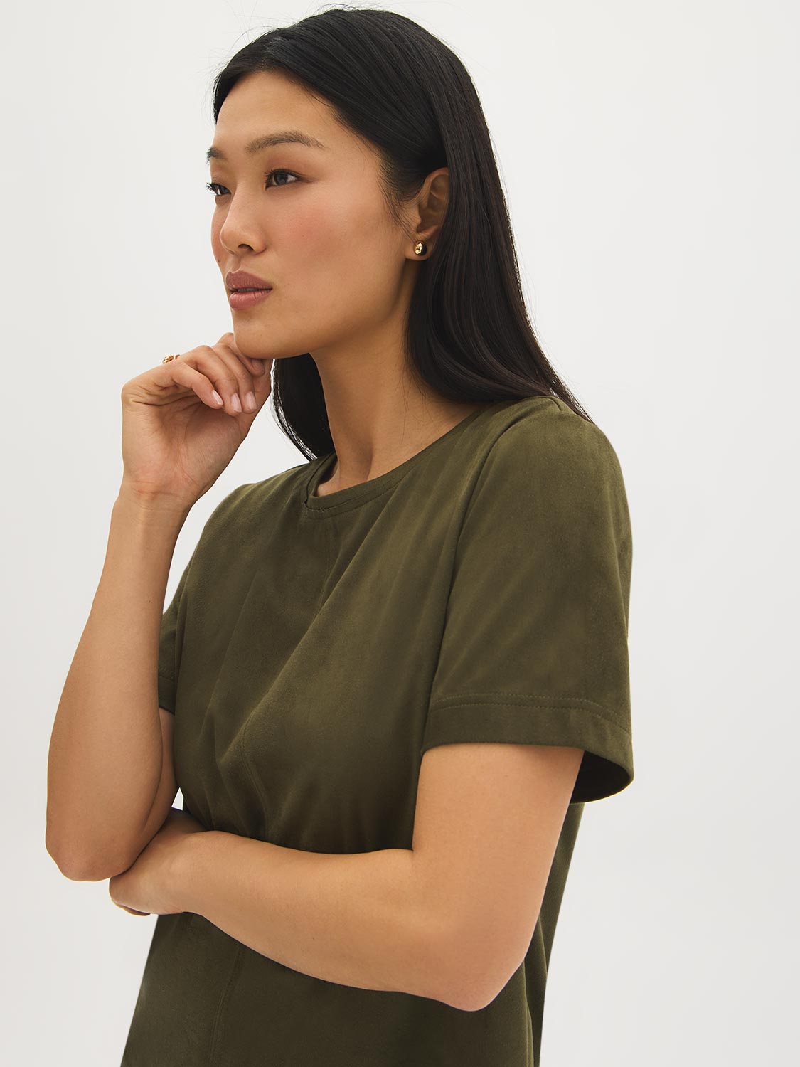 Green faux suede crew neck top with short sleeves by Suzy.