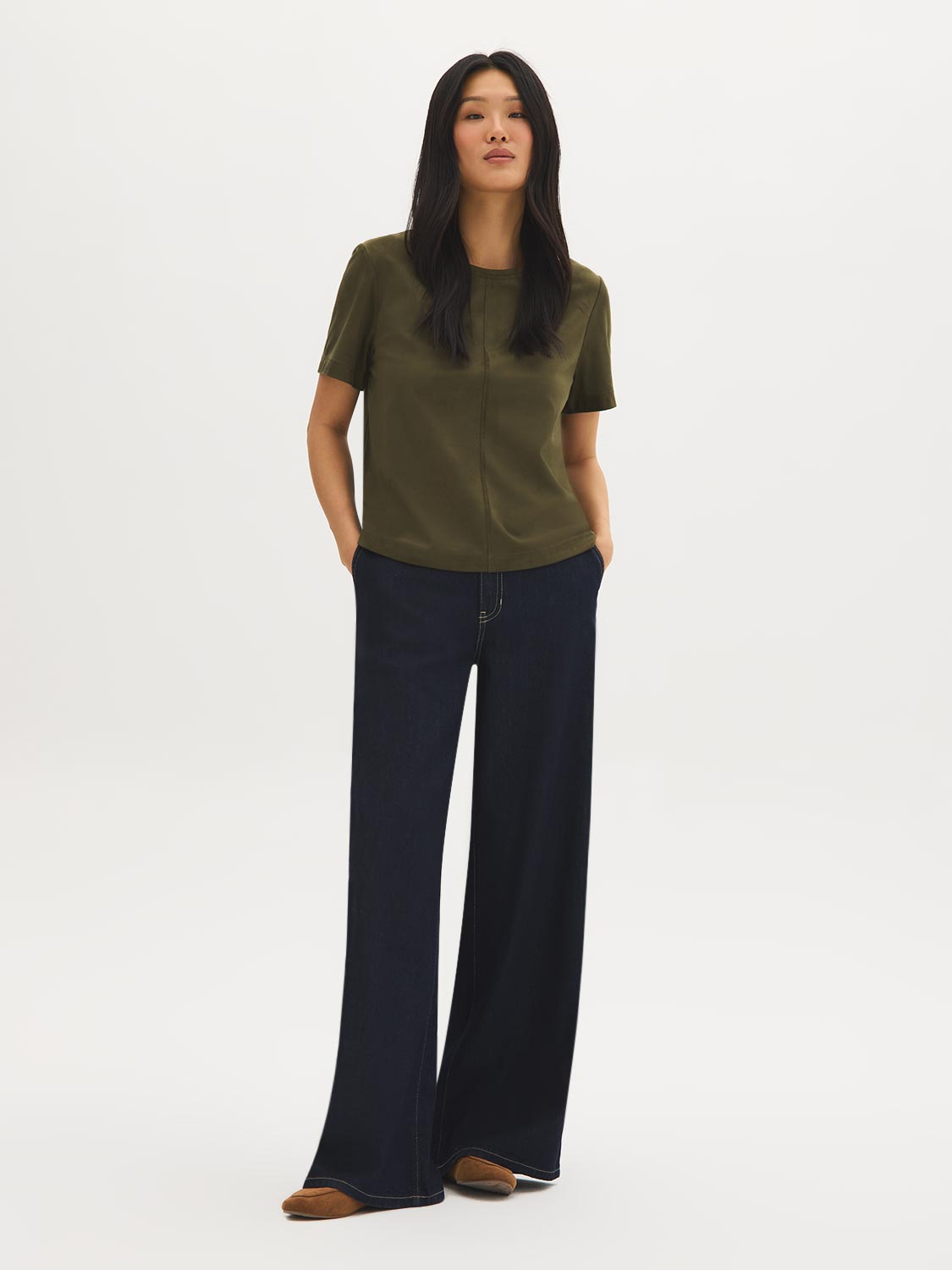 Green faux suede crew neck top with short sleeves by Suzy.