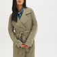 Belted trench coat in khaki grey with double-breasted closure and notch collar by Suzy.