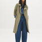 Belted trench coat in khaki grey with double-breasted closure and notch collar by Suzy.