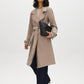 Belted trench coat in khaki grey with double-breasted closure and notch collar by Suzy.