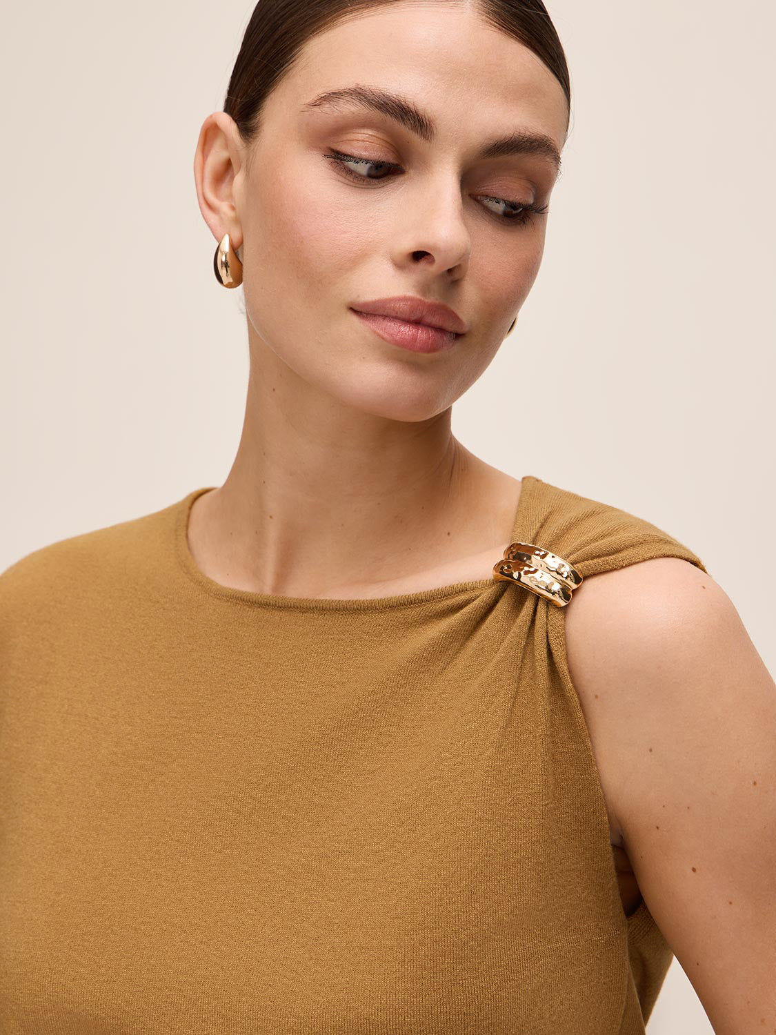 Dijon Sleeveless Sweater with Gold Trim - Shoulder Detail - Le Chateau