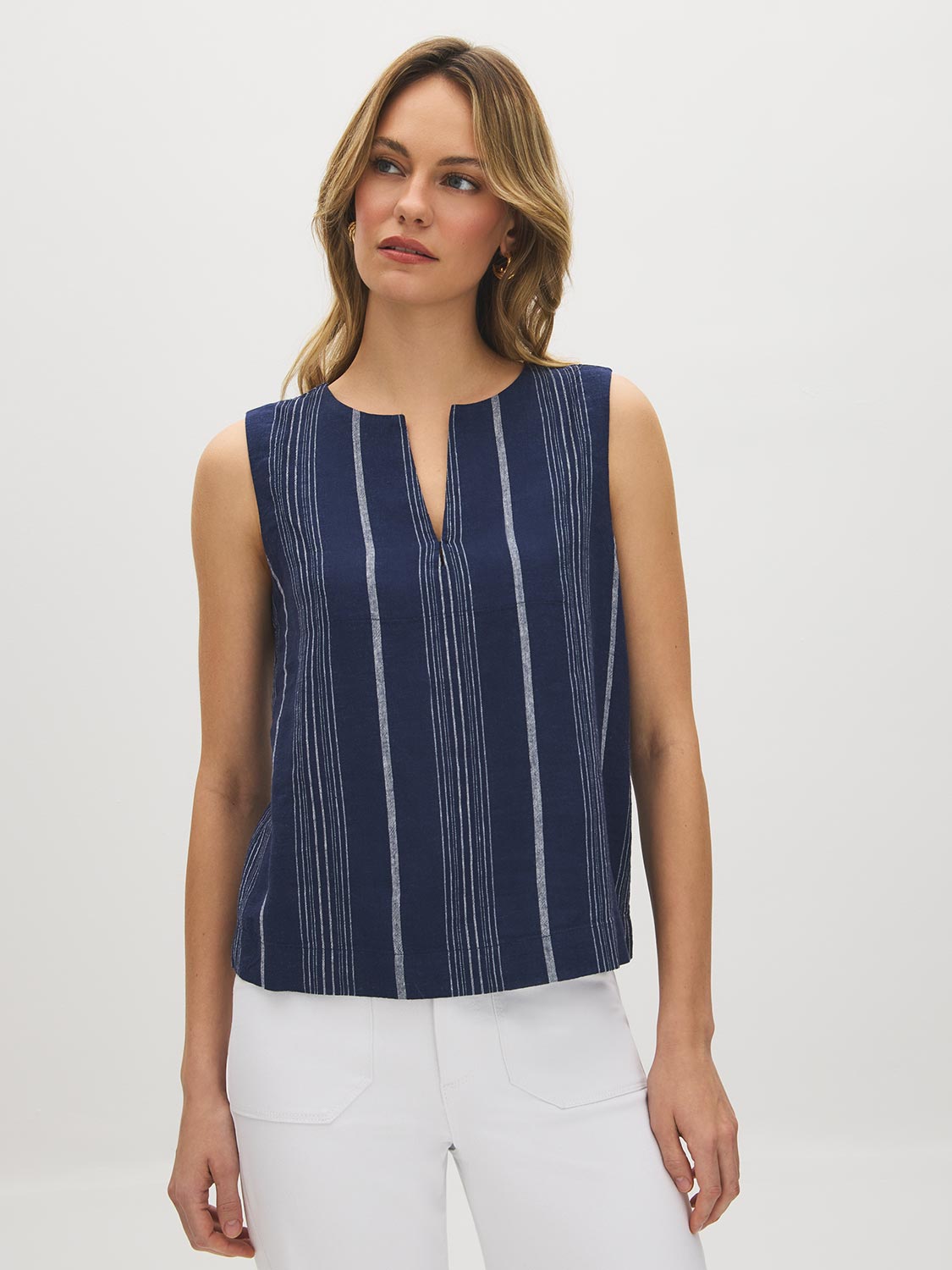 Naval Academy Striped Sleeveless Blouse with Keyhole Detail - Woman Wearing Yarn-Dyed Striped Top - Suzy Shier