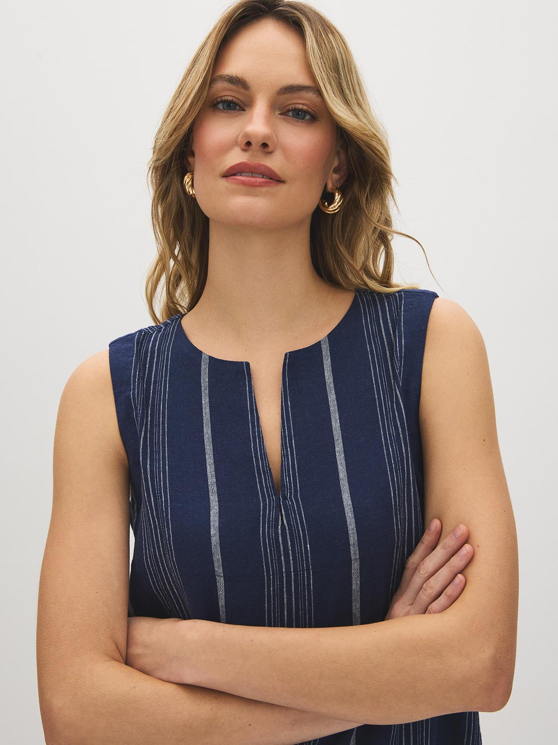 Naval Academy Striped Sleeveless Blouse with Keyhole Detail - Woman Wearing Yarn-Dyed Striped Top - Suzy Shier