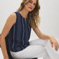Naval Academy Striped Sleeveless Blouse with Keyhole Detail - Woman Wearing Yarn-Dyed Striped Top - Suzy Shier