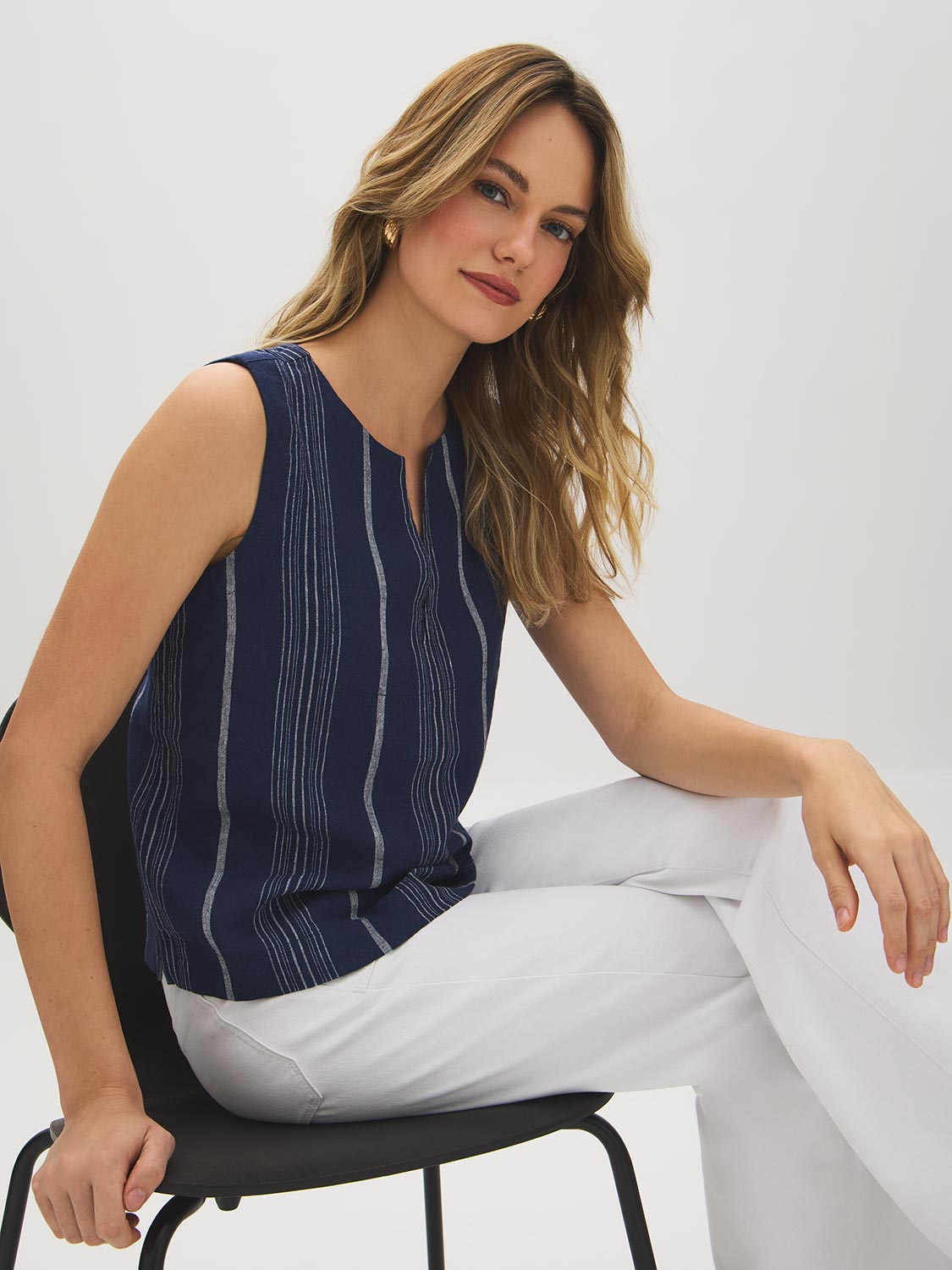Naval Academy Striped Sleeveless Blouse with Keyhole Detail - Woman Wearing Yarn-Dyed Striped Top - Suzy Shier