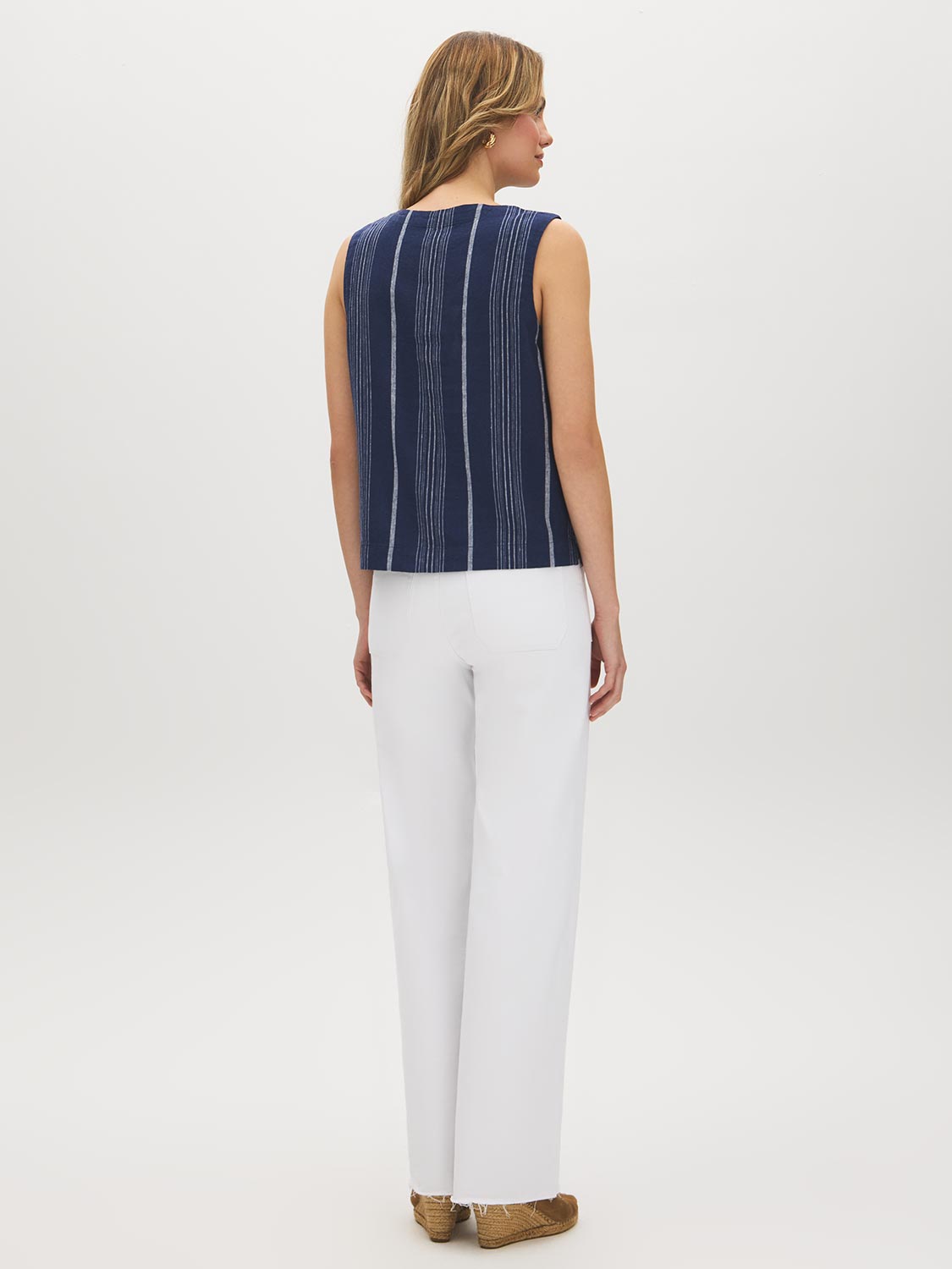 Naval Academy Striped Sleeveless Blouse with Keyhole Detail - Woman Wearing Yarn-Dyed Striped Top - Suzy Shier