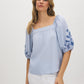 Zen Blue Off-the-Shoulder Embroidered Blouse - Woman Wearing Square Neckline Top with Embroidered Sleeves - Suzy Shier