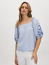 Zen Blue Off-the-Shoulder Embroidered Blouse - Woman Wearing Square Neckline Top with Embroidered Sleeves - Suzy Shier
