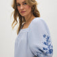 Zen Blue Off-the-Shoulder Embroidered Blouse - Woman Wearing Square Neckline Top with Embroidered Sleeves - Suzy Shier
