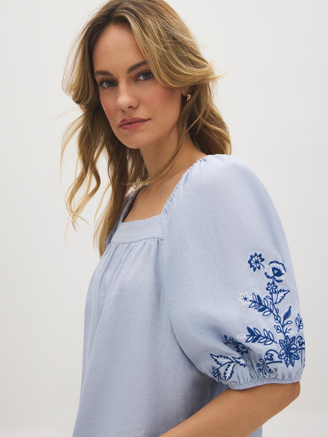 Zen Blue Off-the-Shoulder Embroidered Blouse - Woman Wearing Square Neckline Top with Embroidered Sleeves - Suzy Shier