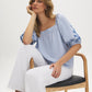 Zen Blue Off-the-Shoulder Embroidered Blouse - Woman Wearing Square Neckline Top with Embroidered Sleeves - Suzy Shier