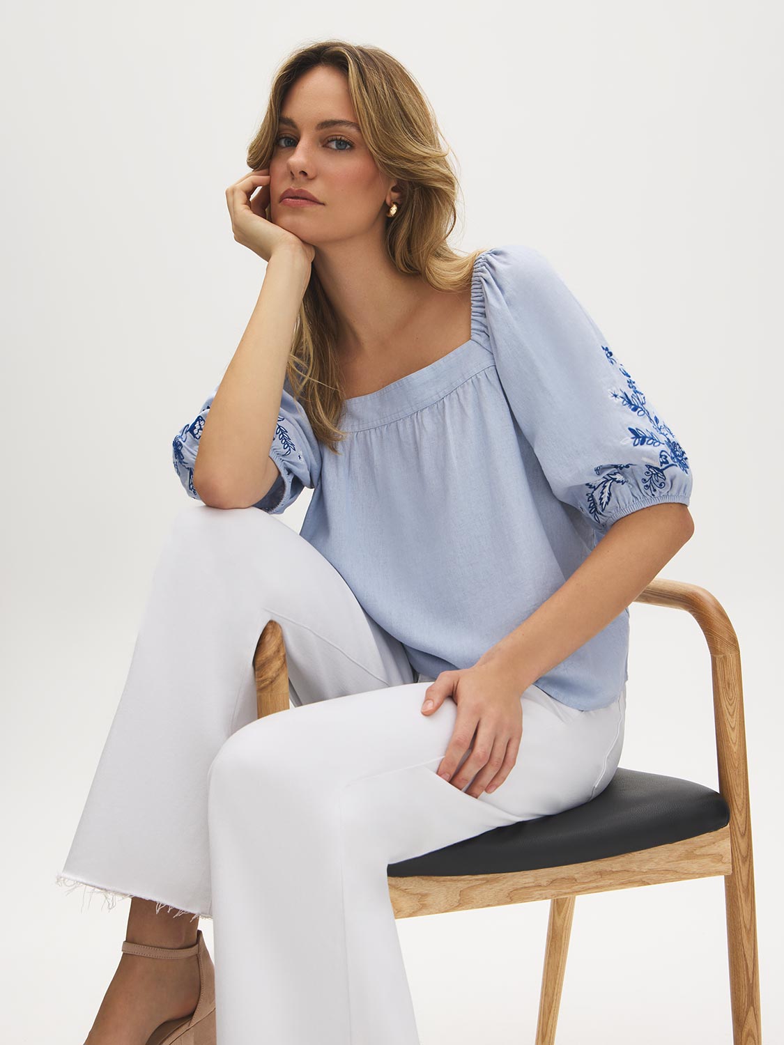 Zen Blue Off-the-Shoulder Embroidered Blouse - Woman Wearing Square Neckline Top with Embroidered Sleeves - Suzy Shier