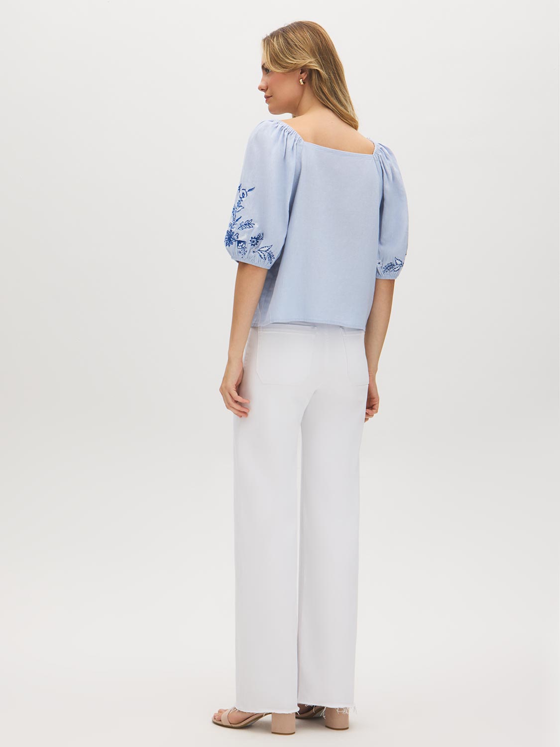 Zen Blue Off-the-Shoulder Embroidered Blouse - Woman Wearing Square Neckline Top with Embroidered Sleeves - Suzy Shier