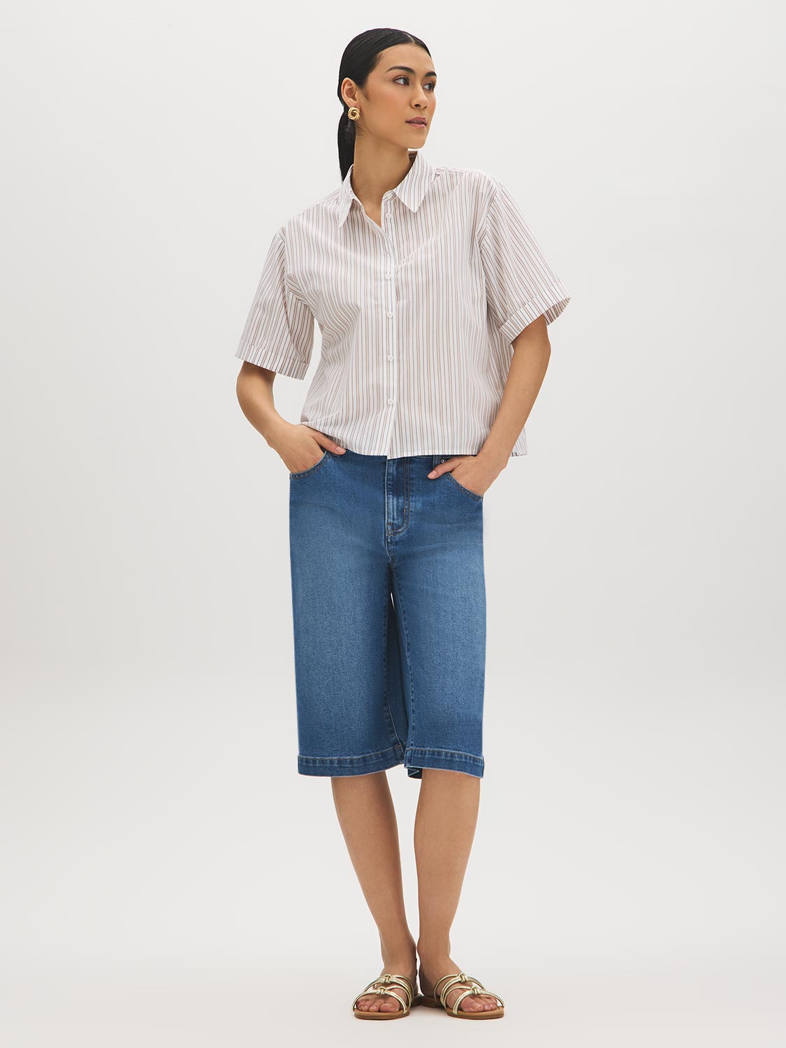 Winter White Striped Drop Shoulder Blouse - Woman Wearing Button-Front Stripe Shirt - Suzy Shier