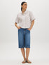 Winter White Striped Drop Shoulder Blouse - Woman Wearing Button-Front Stripe Shirt - Suzy Shier