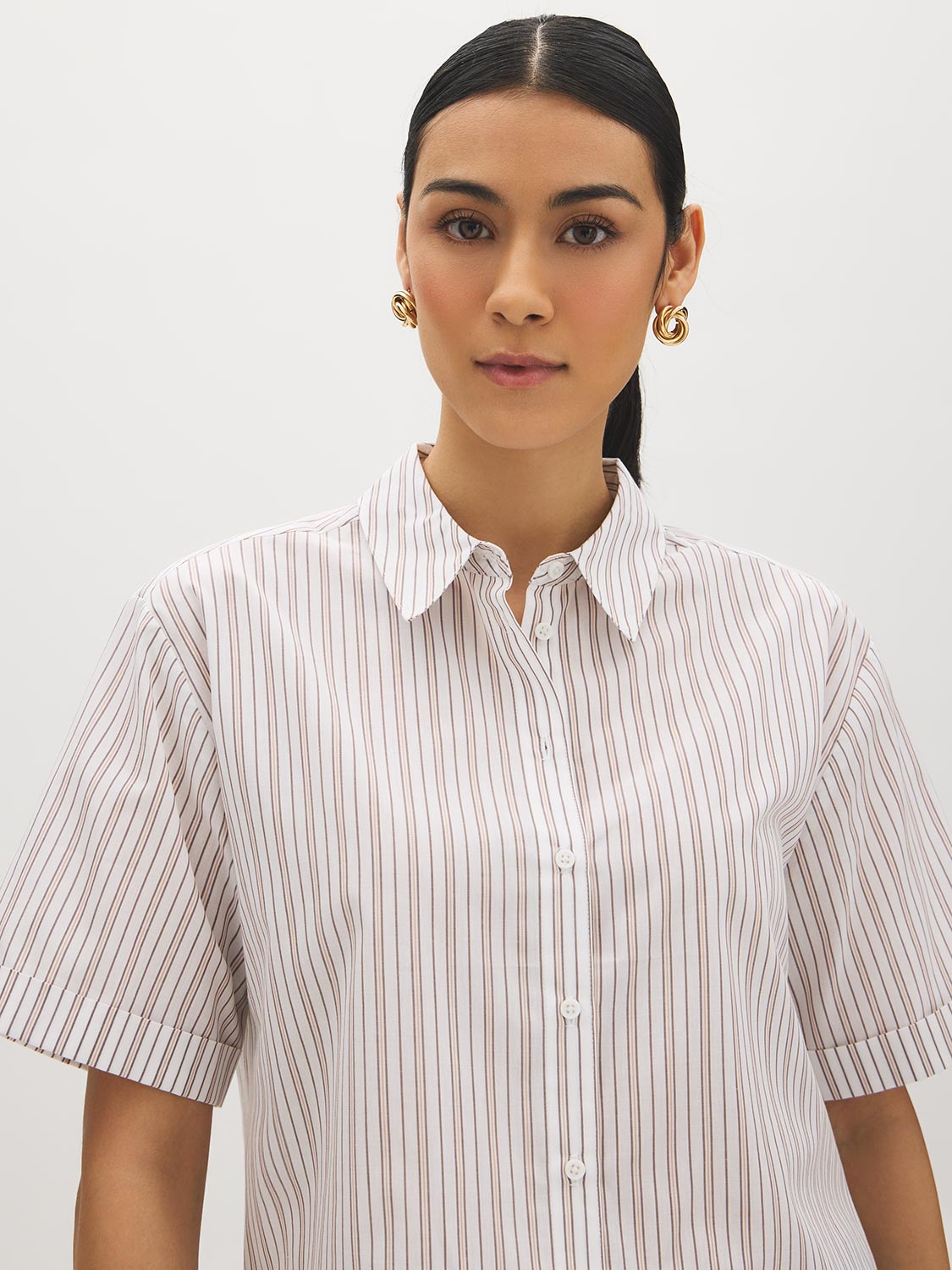 Winter White Striped Drop Shoulder Blouse - Woman Wearing Button-Front Stripe Shirt - Suzy Shier