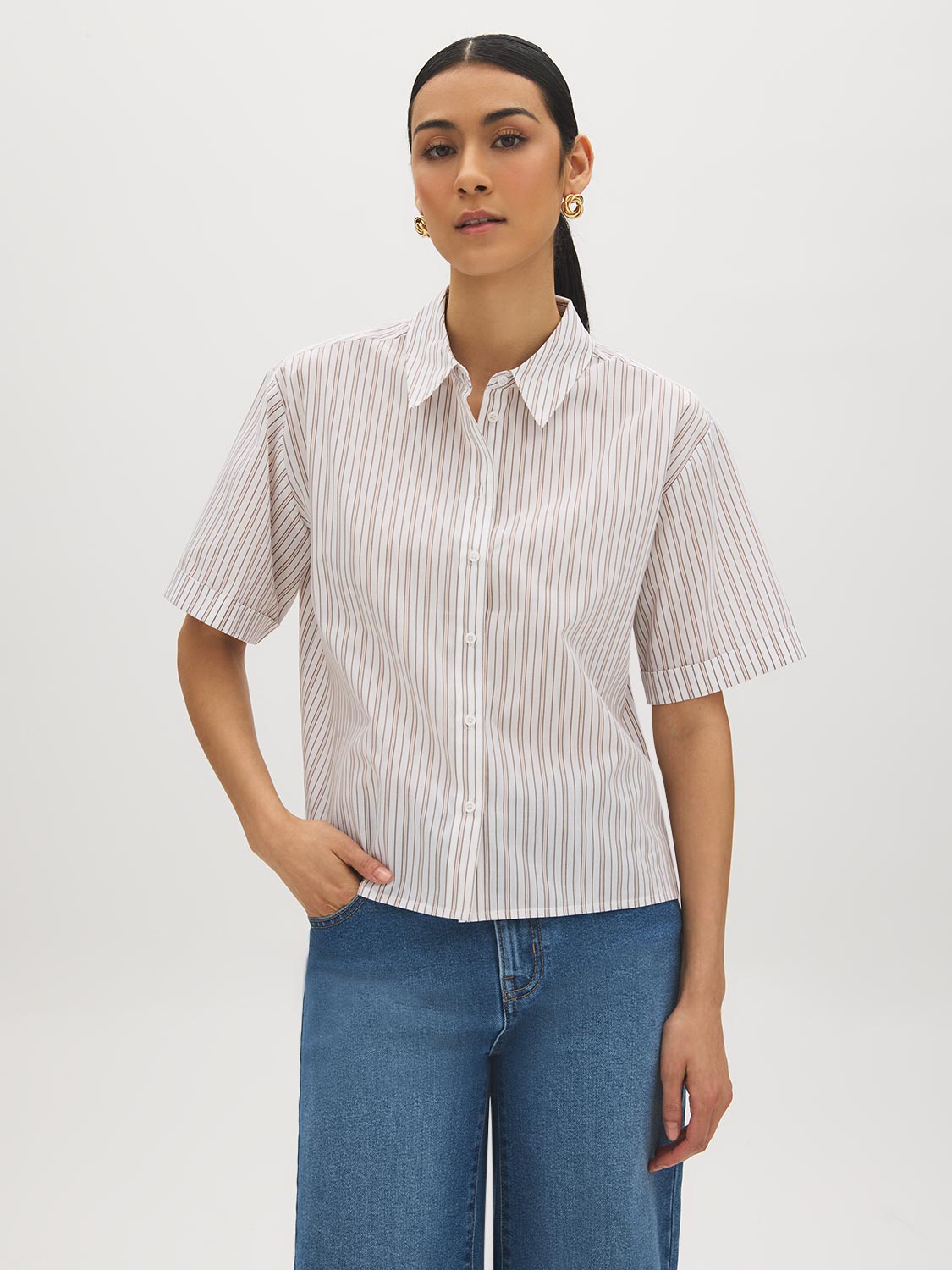Winter White Striped Drop Shoulder Blouse - Woman Wearing Button-Front Stripe Shirt - Suzy Shier