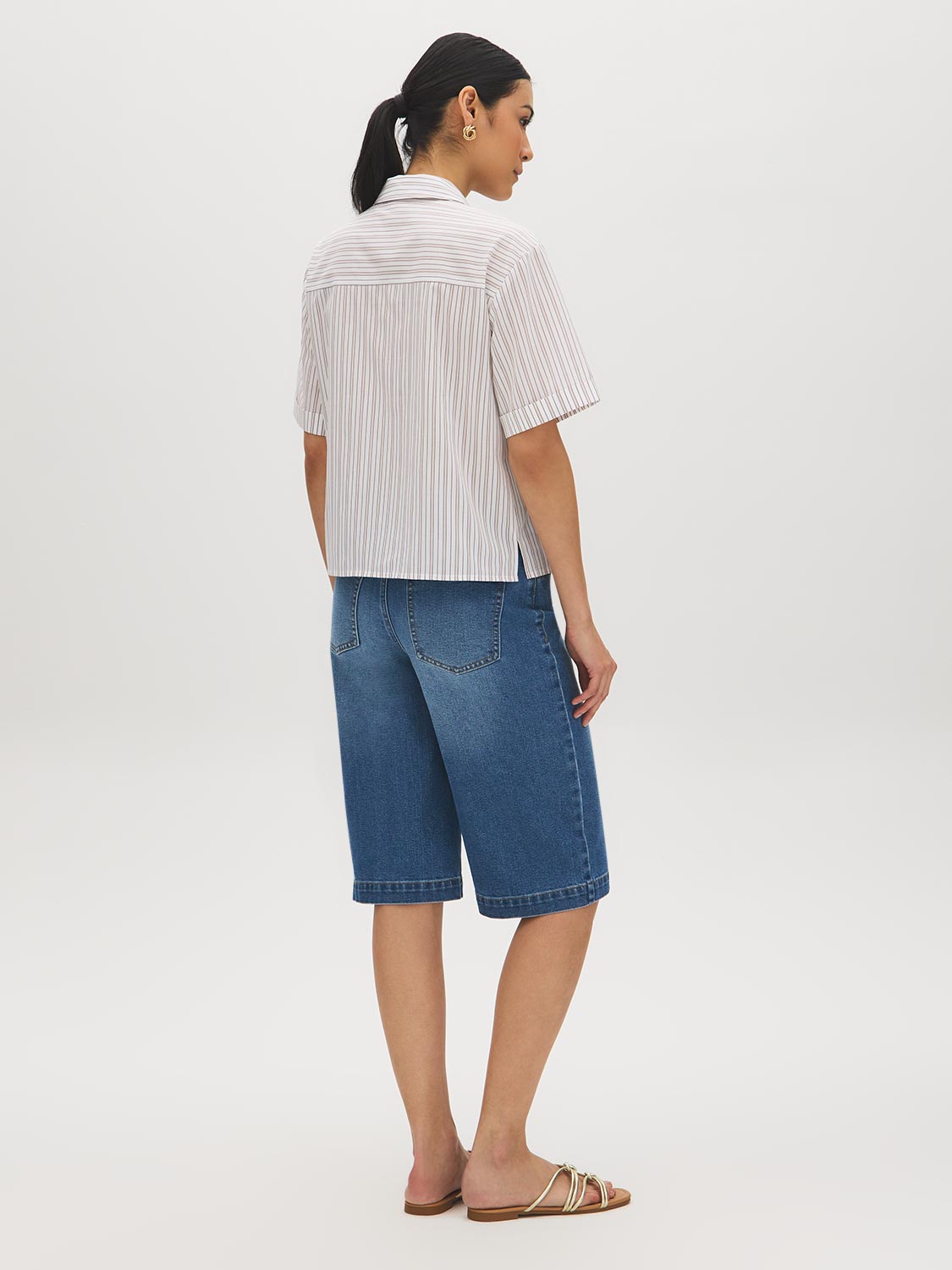 Winter White Striped Drop Shoulder Blouse - Woman Wearing Button-Front Stripe Shirt - Suzy Shier