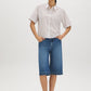 Winter White Striped Drop Shoulder Blouse - Woman Wearing Button-Front Stripe Shirt - Suzy Shier