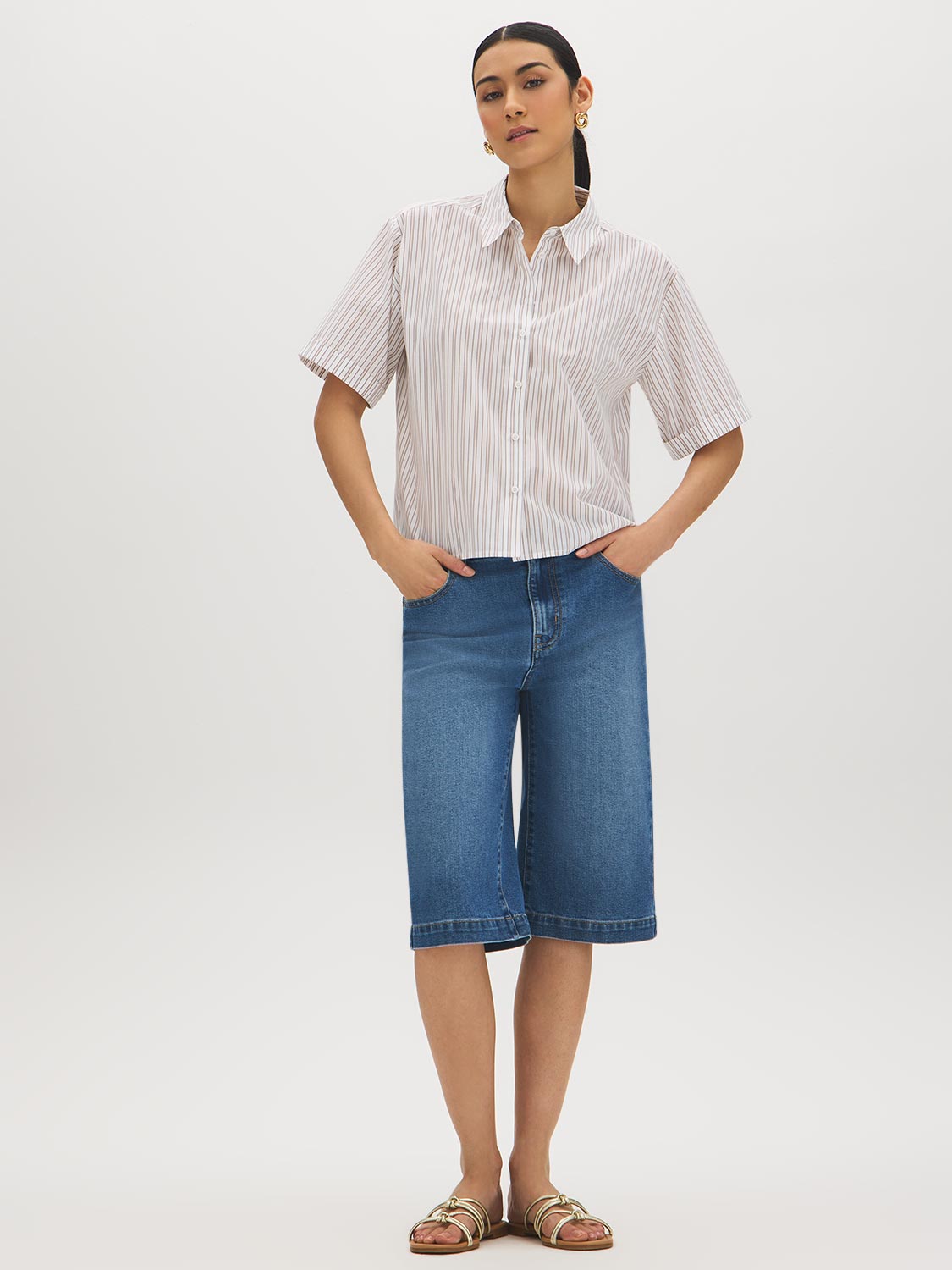 Winter White Striped Drop Shoulder Blouse - Woman Wearing Button-Front Stripe Shirt - Suzy Shier