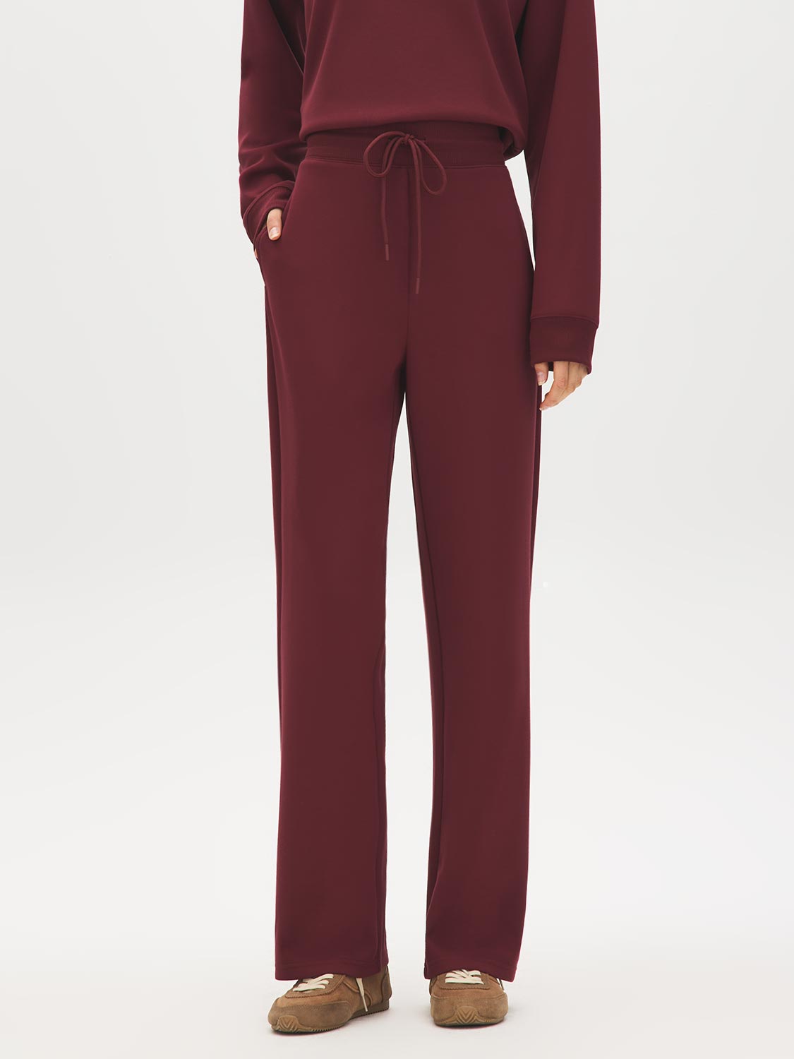 Wine Cloud Fleece Wide-Leg Pant - Woman Wearing Relaxed Fit Knit Pants - Suzy Shier