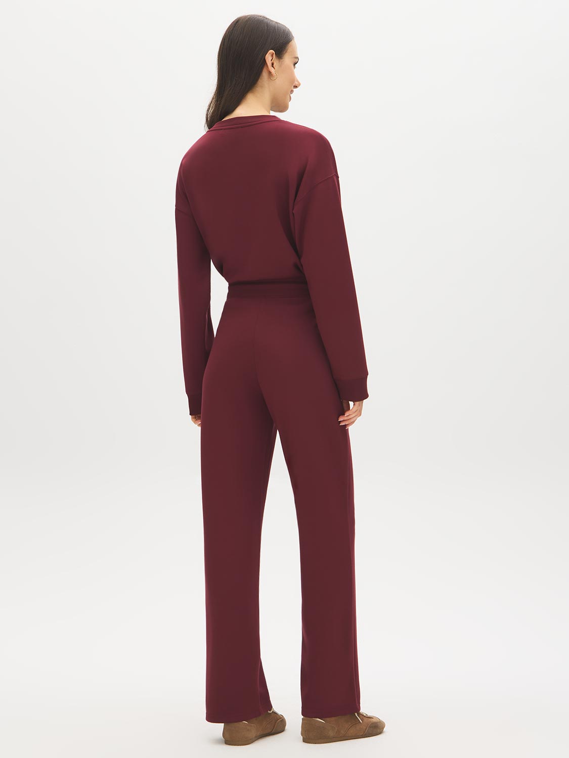 Wine Cloud Fleece Wide-Leg Pant - Woman Wearing Relaxed Fit Knit Pants - Suzy Shier