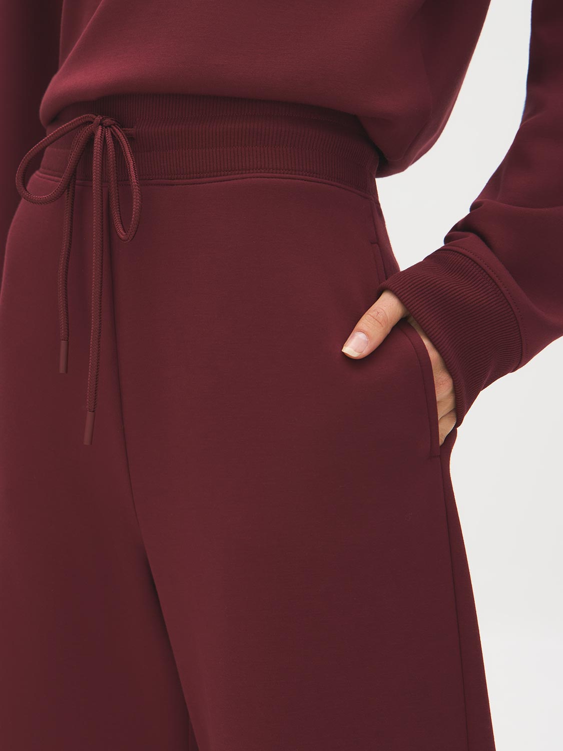 Wine Cloud Fleece Wide-Leg Pant - Woman Wearing Relaxed Fit Knit Pants - Suzy Shier