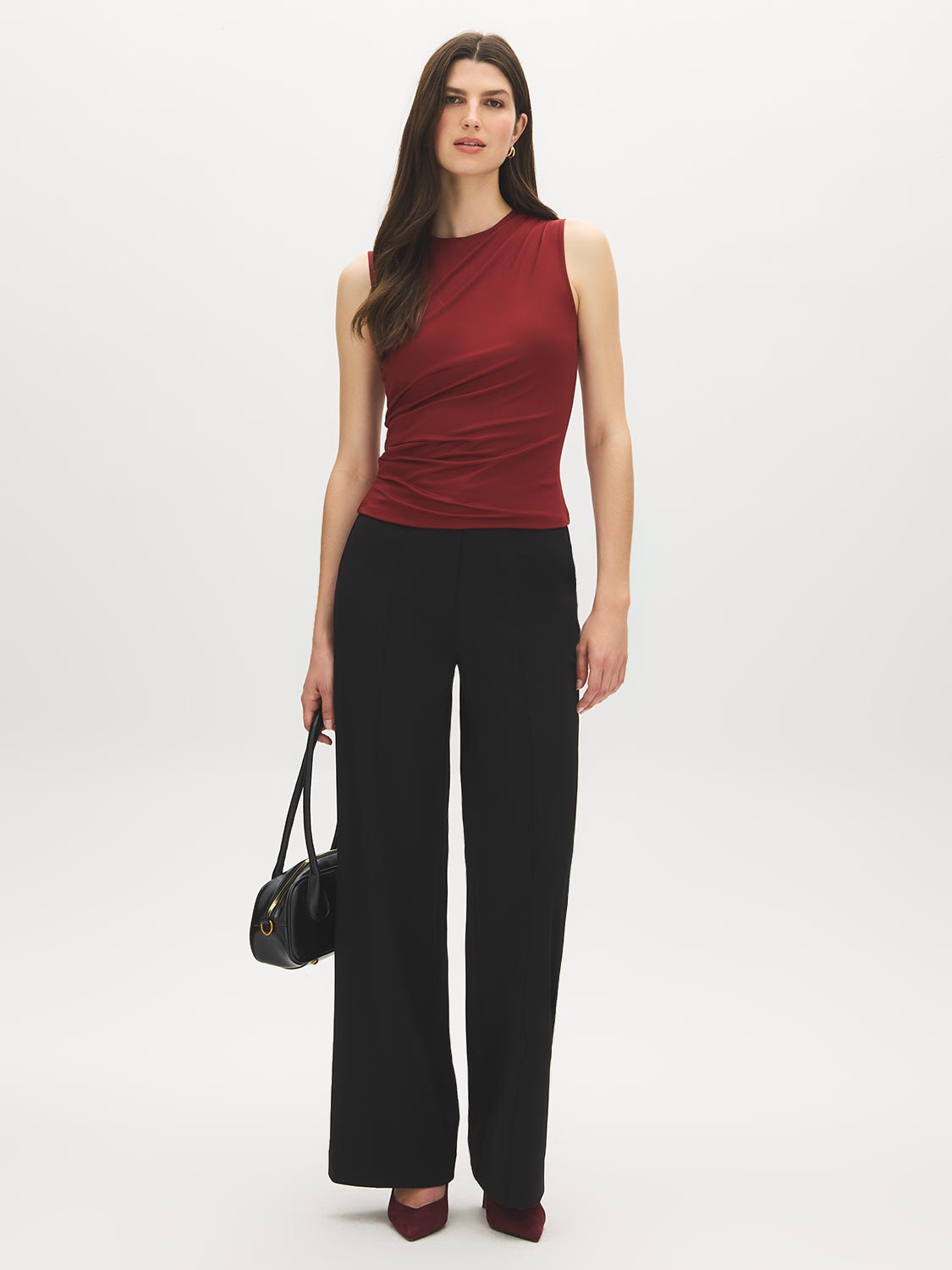 Red Sleeveless Crew Neck Shell Top with Side Pleats - Suzy Shier