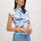 Snow White Printed Mesh Mock Neck Top - Woman Wearing Sleeveless Mesh Top with Ruching - Suzy Shier