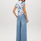 Snow White Printed Mesh Mock Neck Top - Woman Wearing Sleeveless Mesh Top with Ruching - Suzy Shier