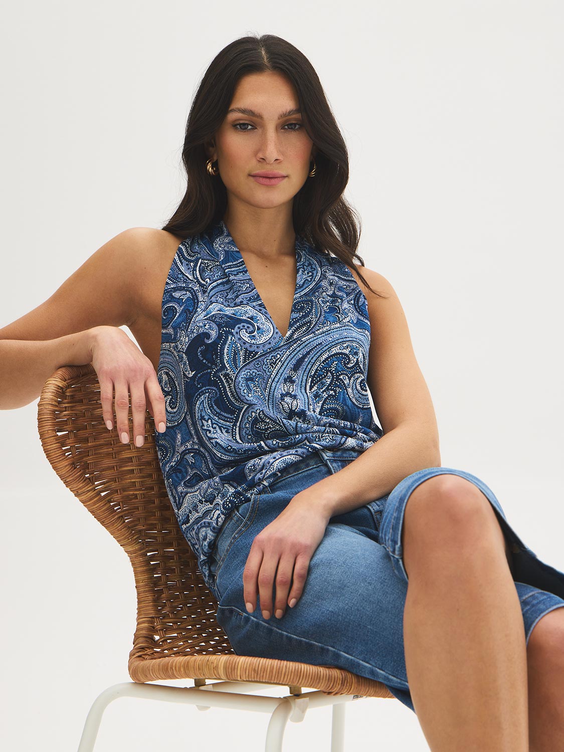 Naval Academy Paisley Print Textured V-Neck Top - Woman Wearing Sleeveless Top with Back Knot Detail - Suzy Shier