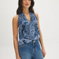 Naval Academy Paisley Print Textured V-Neck Top - Woman Wearing Sleeveless Top with Back Knot Detail - Suzy Shier