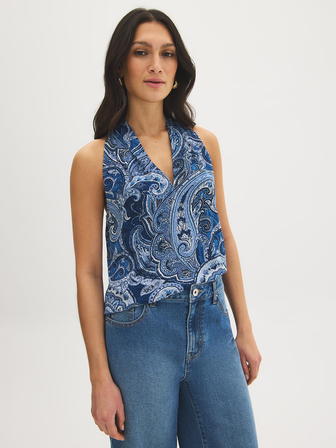 Naval Academy Paisley Print Textured V-Neck Top - Woman Wearing Sleeveless Top with Back Knot Detail - Suzy Shier