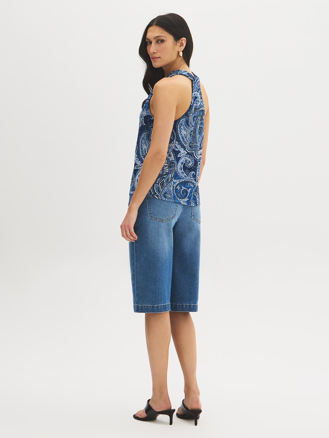 Naval Academy Paisley Print Textured V-Neck Top - Woman Wearing Sleeveless Top with Back Knot Detail - Suzy Shier