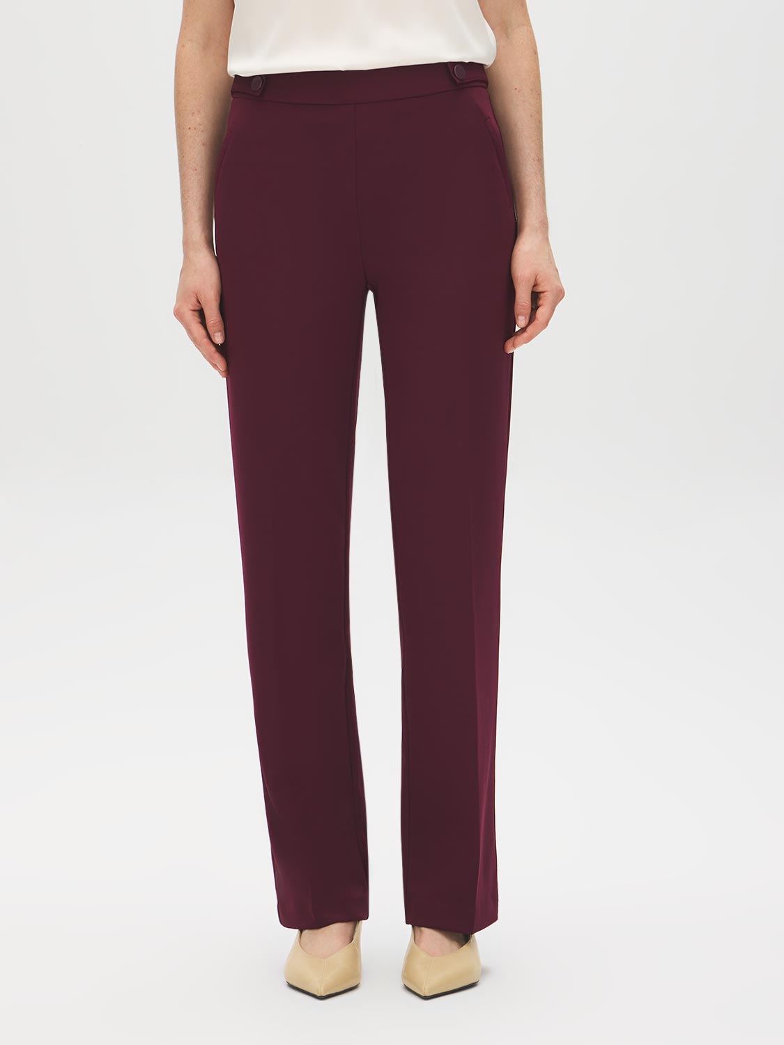 Merlot Pull-On Straight Leg Pant with Waist Tabs - Woman Wearing Clean Front Trousers - Suzy Shier
