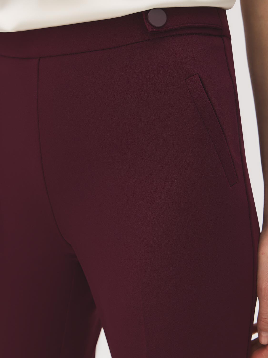 Merlot Pull-On Straight Leg Pant with Waist Tabs - Woman Wearing Clean Front Trousers - Suzy Shier