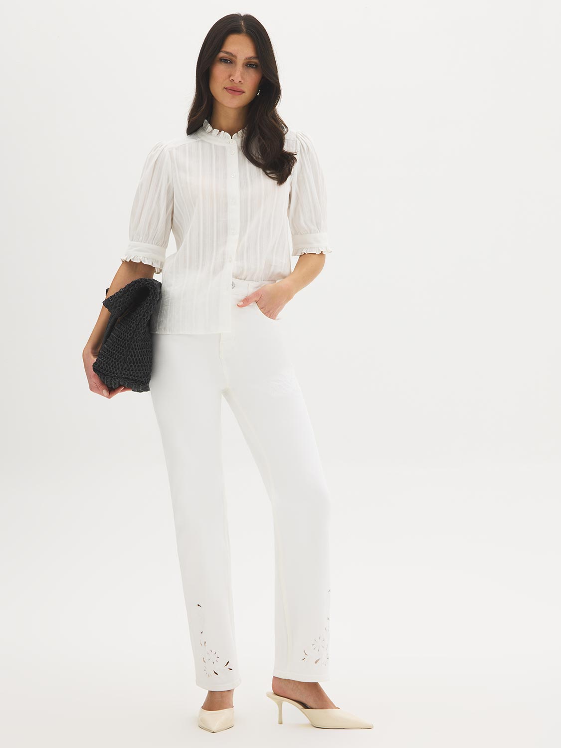 White Embroidered Straight Leg Denim Pant - Woman Wearing Casual Denim Trousers - Suzy Shier