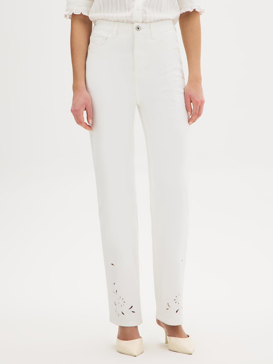 White Embroidered Straight Leg Denim Pant - Woman Wearing Casual Denim Trousers - Suzy Shier