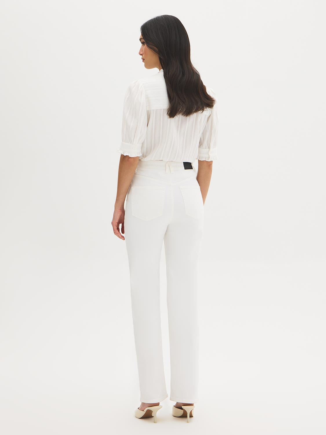 White Embroidered Straight Leg Denim Pant - Woman Wearing Casual Denim Trousers - Suzy Shier