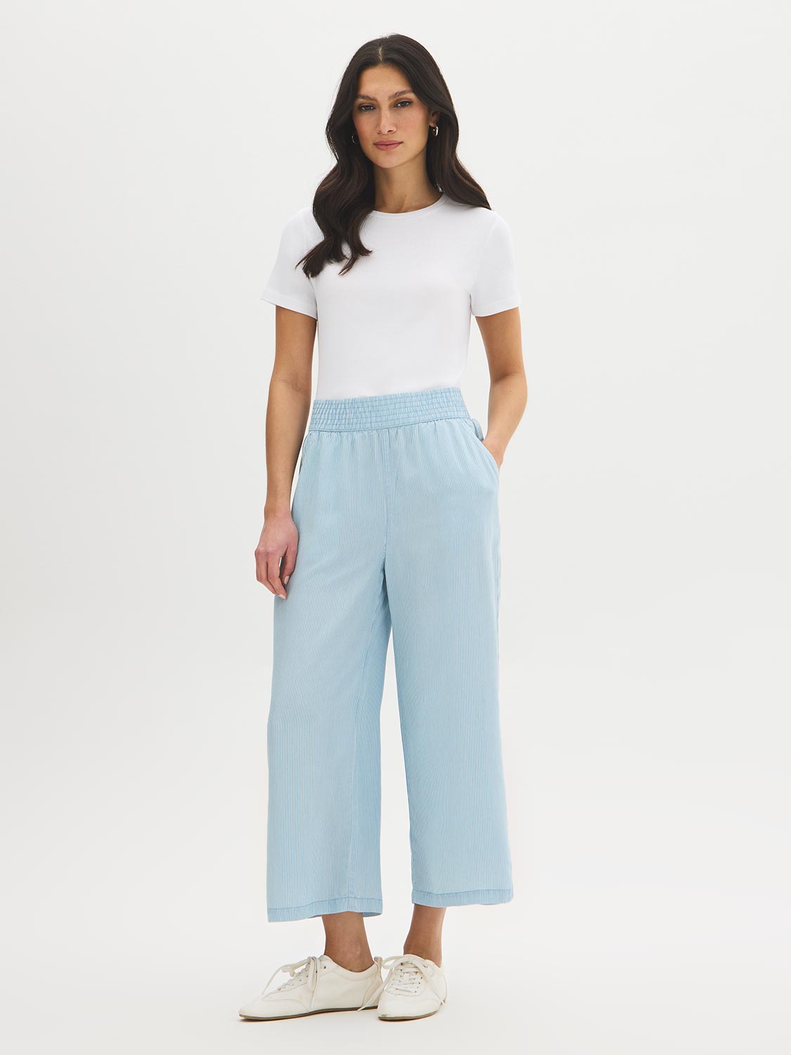 Light Wash Stripe Denim Tencel Gaucho Pant - Woman Wearing Wide-Leg Pants with Smocked Waistband - Suzy Shier