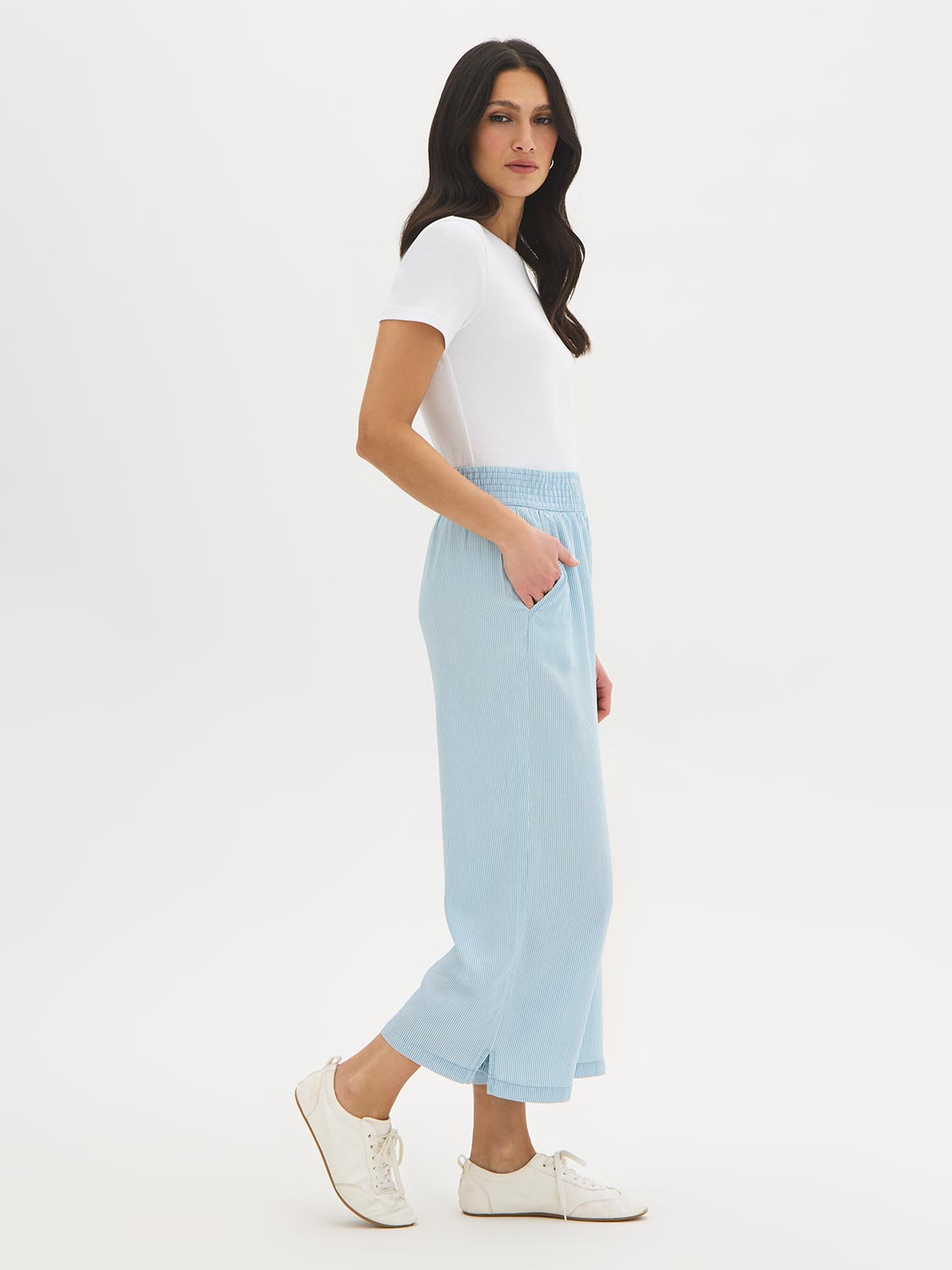 Light Wash Stripe Denim Tencel Gaucho Pant - Woman Wearing Wide-Leg Pants with Smocked Waistband - Suzy Shier
