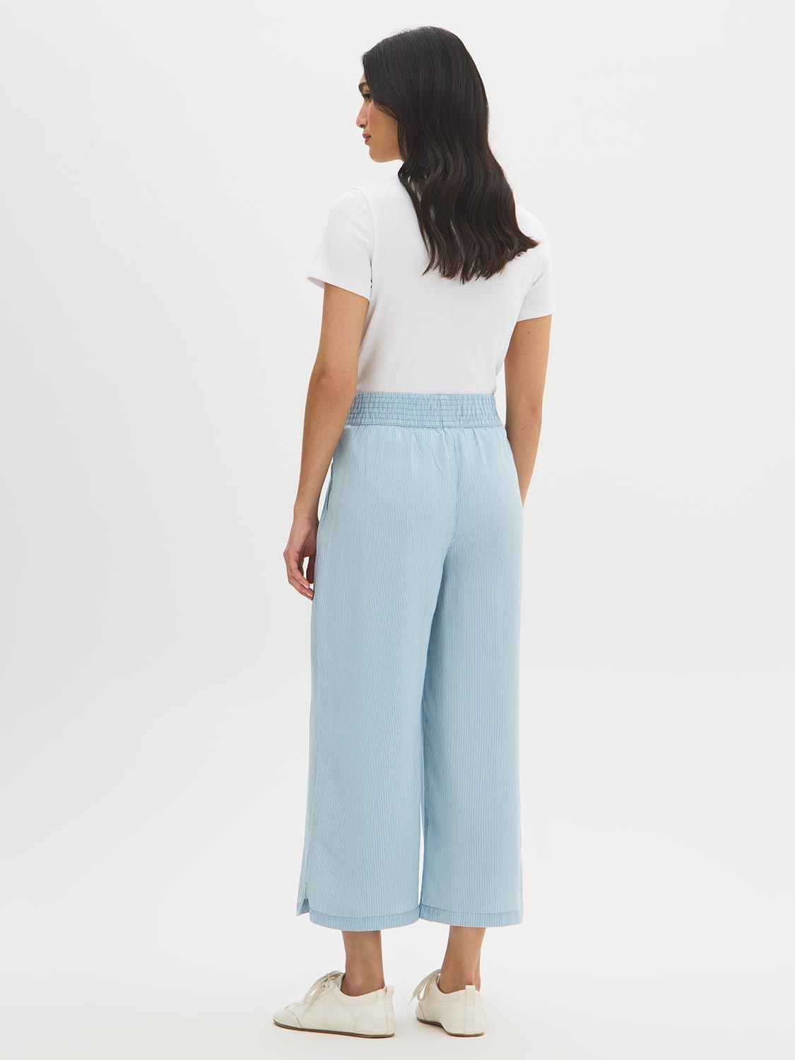 Light Wash Stripe Denim Tencel Gaucho Pant - Woman Wearing Wide-Leg Pants with Smocked Waistband - Suzy Shier