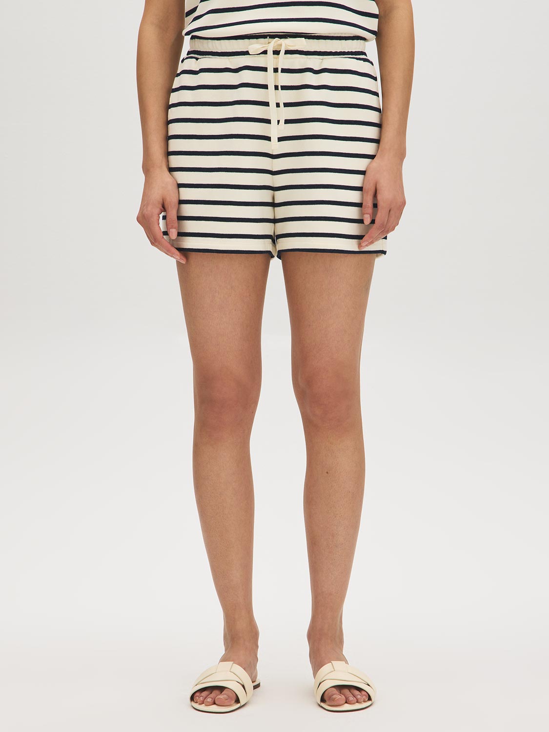 Snow White/Naval Academy Stripe French Terry Shorts - Woman Wearing Casual Striped Shorts - Suzy Shier