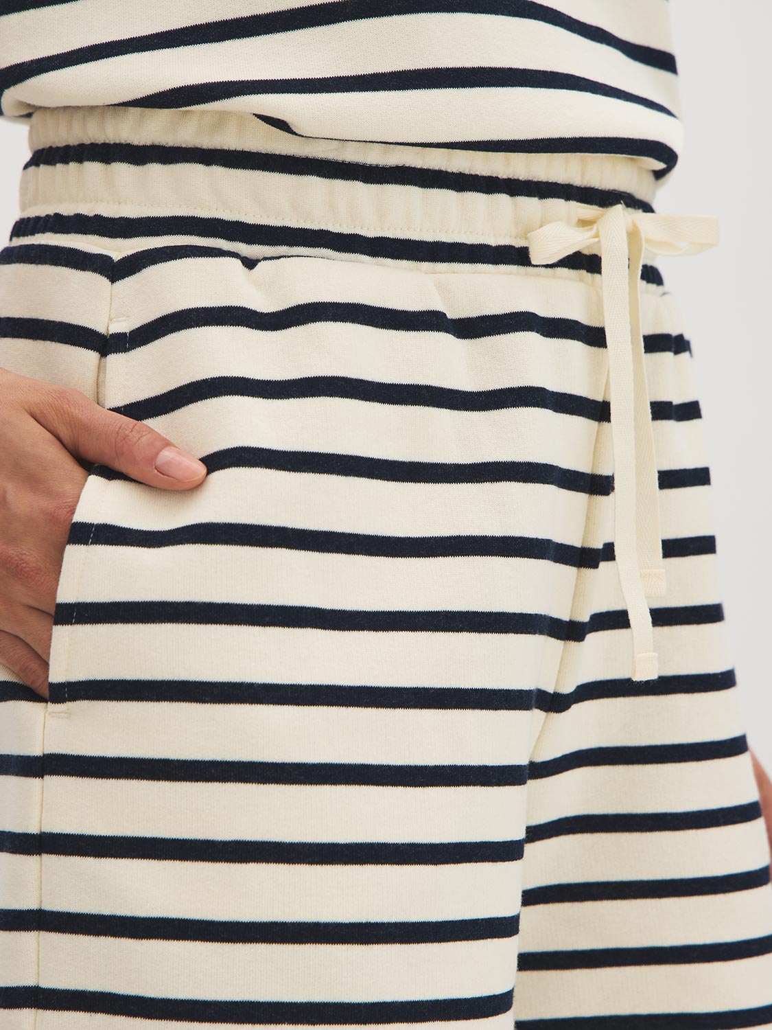 Snow White/Naval Academy Stripe French Terry Shorts - Woman Wearing Casual Striped Shorts - Suzy Shier