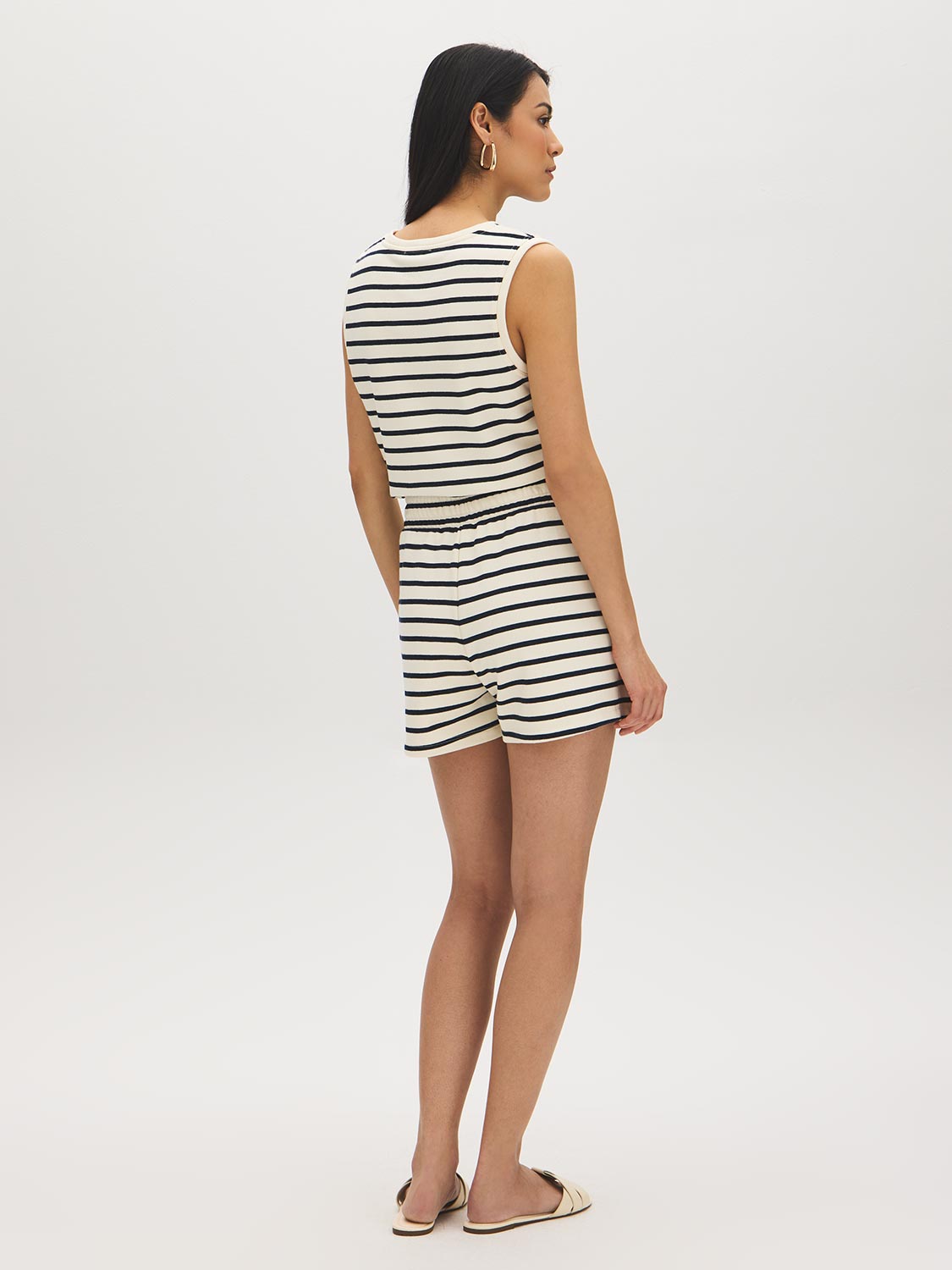 Snow White/Naval Academy Stripe French Terry Shorts - Woman Wearing Casual Striped Shorts - Suzy Shier